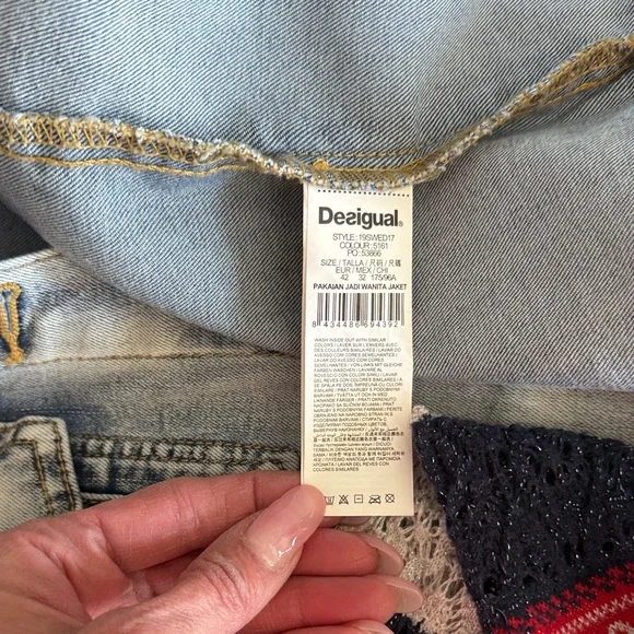 Desigual Light-Wash Denim Jacket with Navy & White Striped Knit Sleeves - Picture 8 of 10